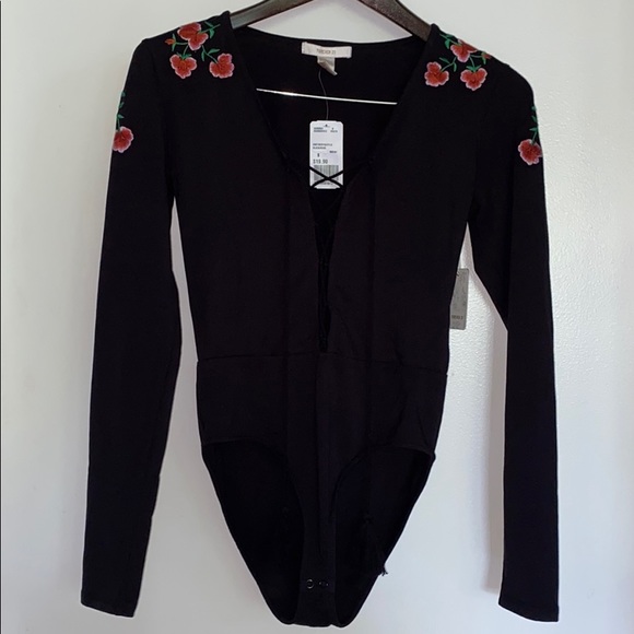 Forever 21 Tops - F21 EMBROIDERED FLORAL BODYSUIT WITH TASSELS NWT
